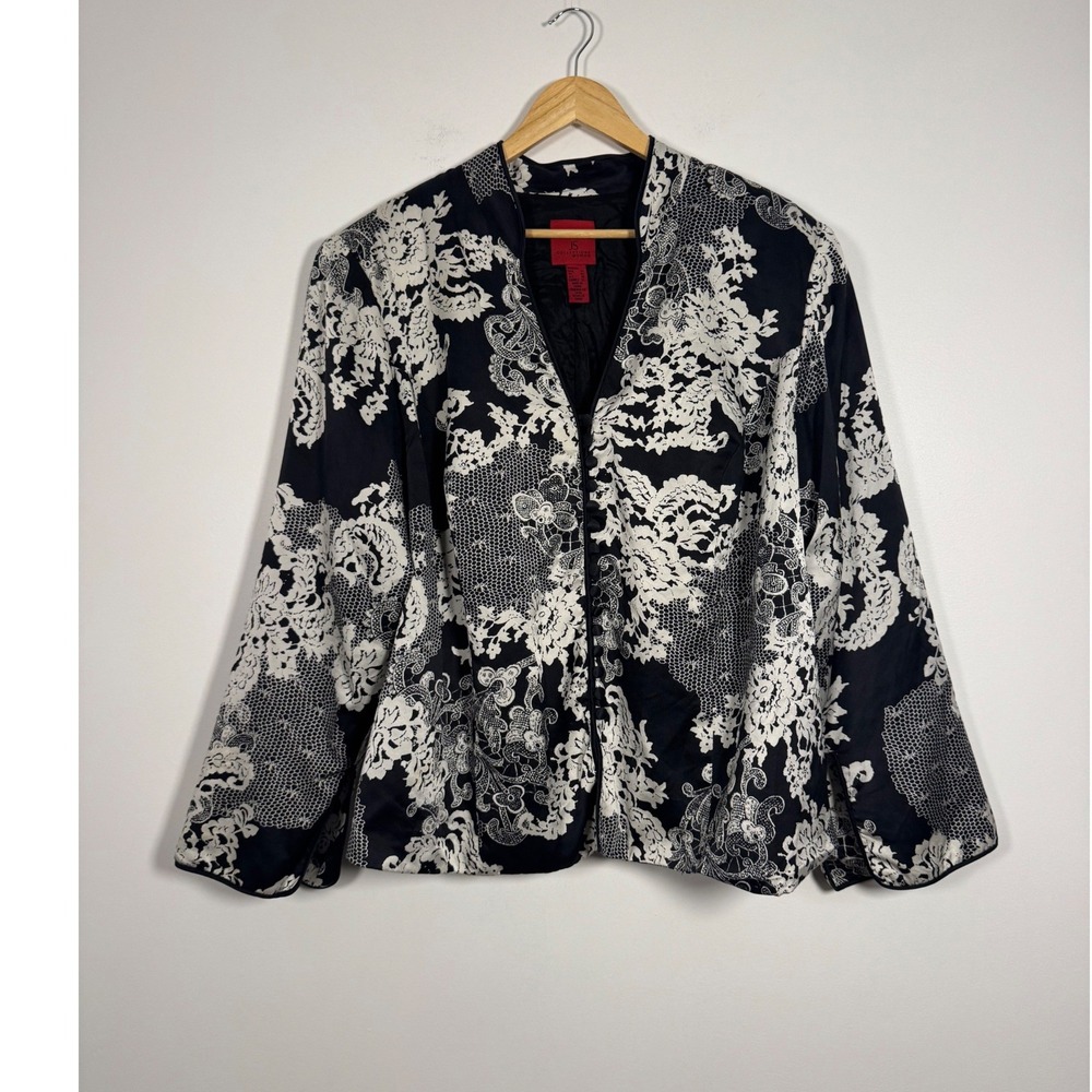 Elegant JS Collections Woman‎ 22W Silk Jacket Black White Floral Lace Print Luxe